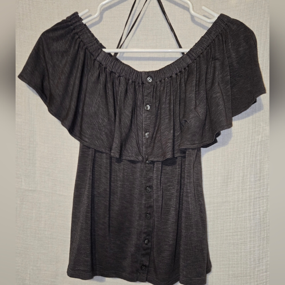 American Eagle Shirt Soft & Sexy Off Shoulder Flirty Faux Button Gray Casual